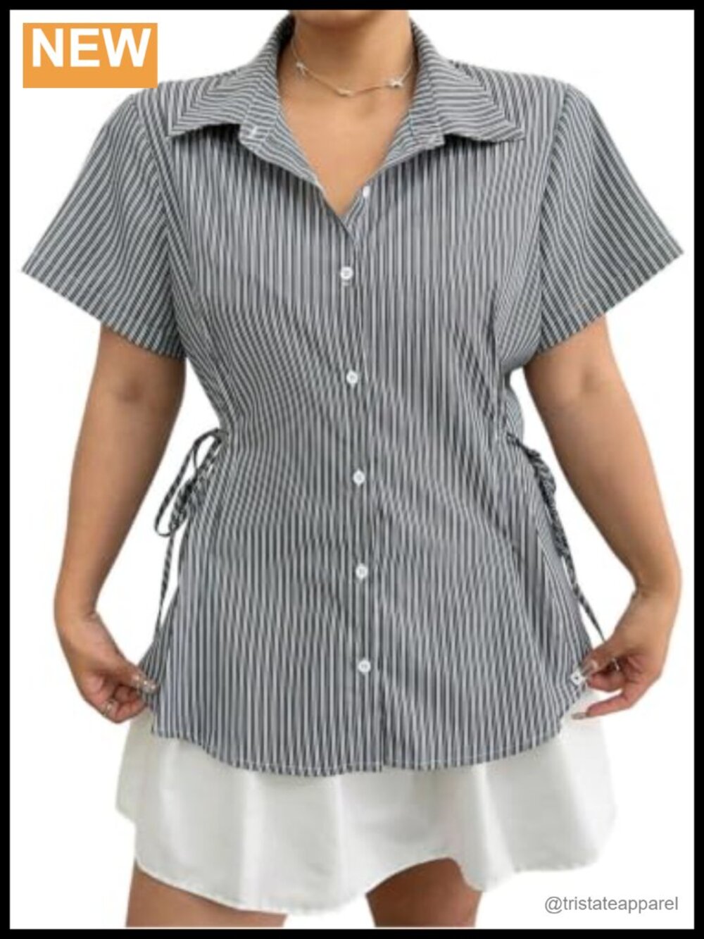 Plus Size Striped Blouse Button Down Tie Side Cinched Waist Short Sleeve